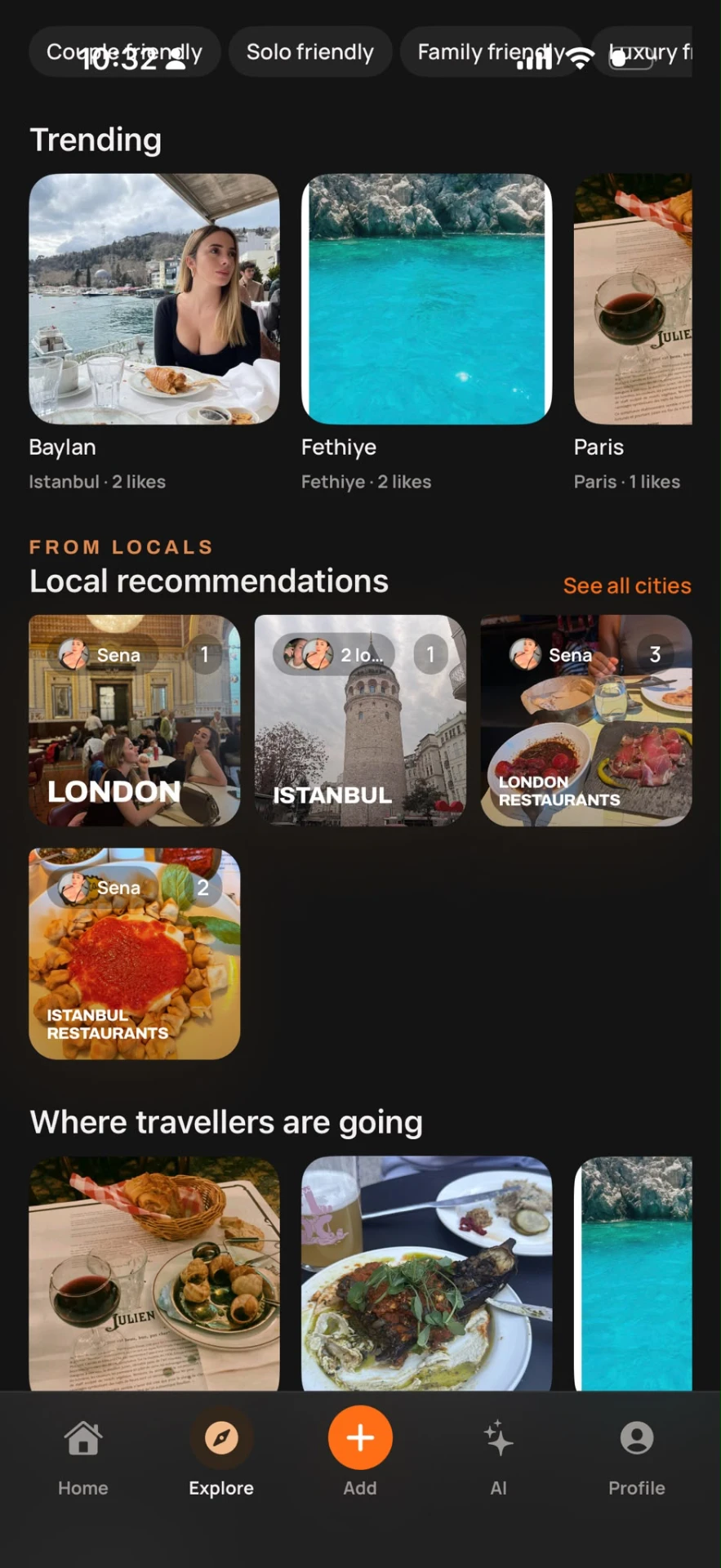 Wealin Explore screen showing trending places, local recommendations, and where travellers are going