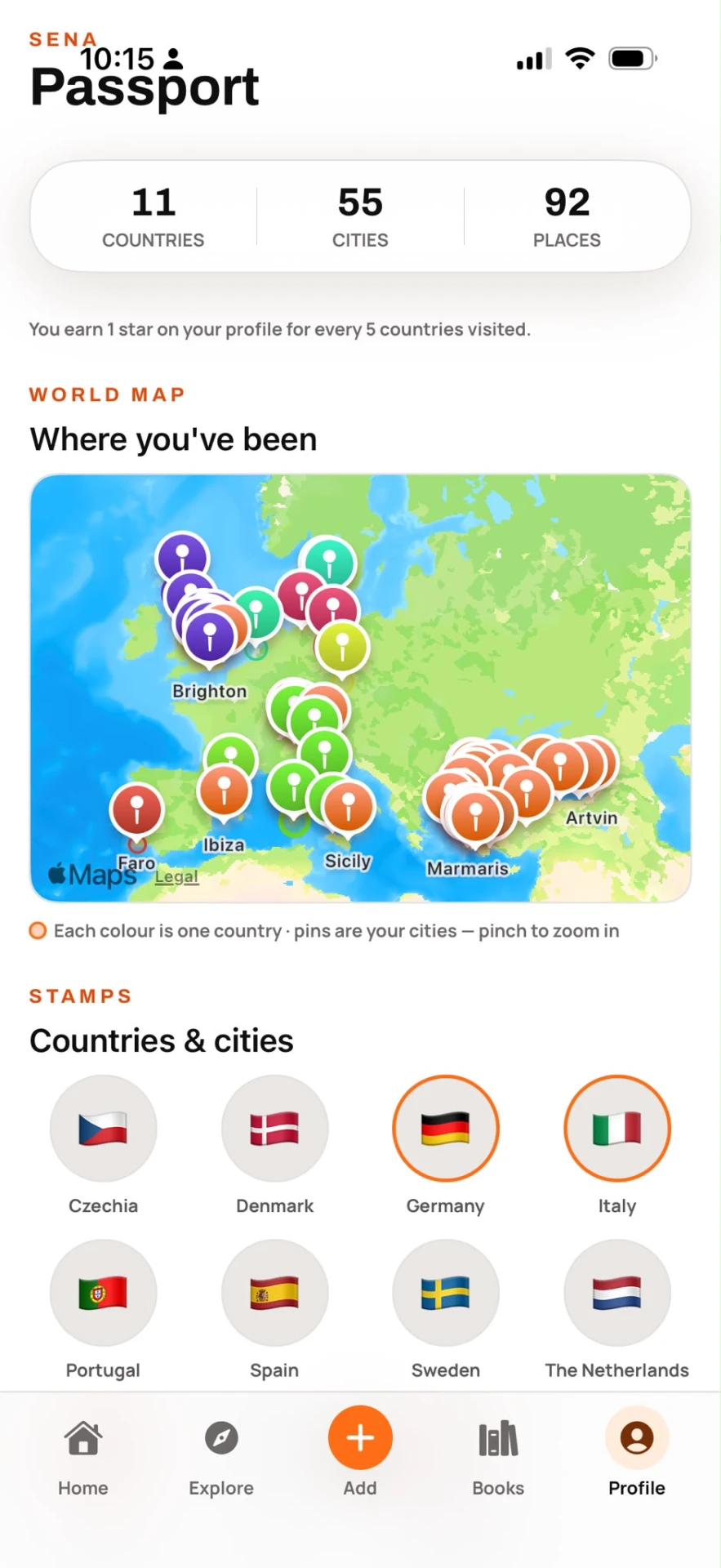 Wealin passport screen with countries, cities and a world map of pins