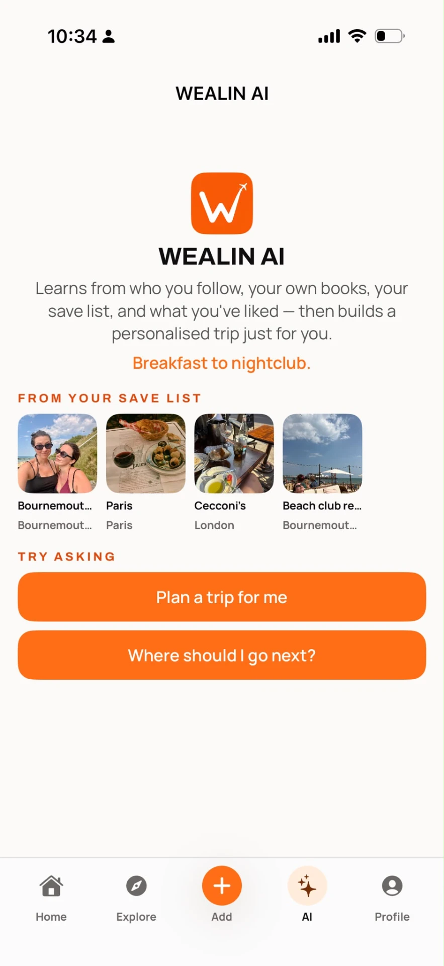 Wealin AI screen showing personalised trip suggestions built from your saved places, likes and books