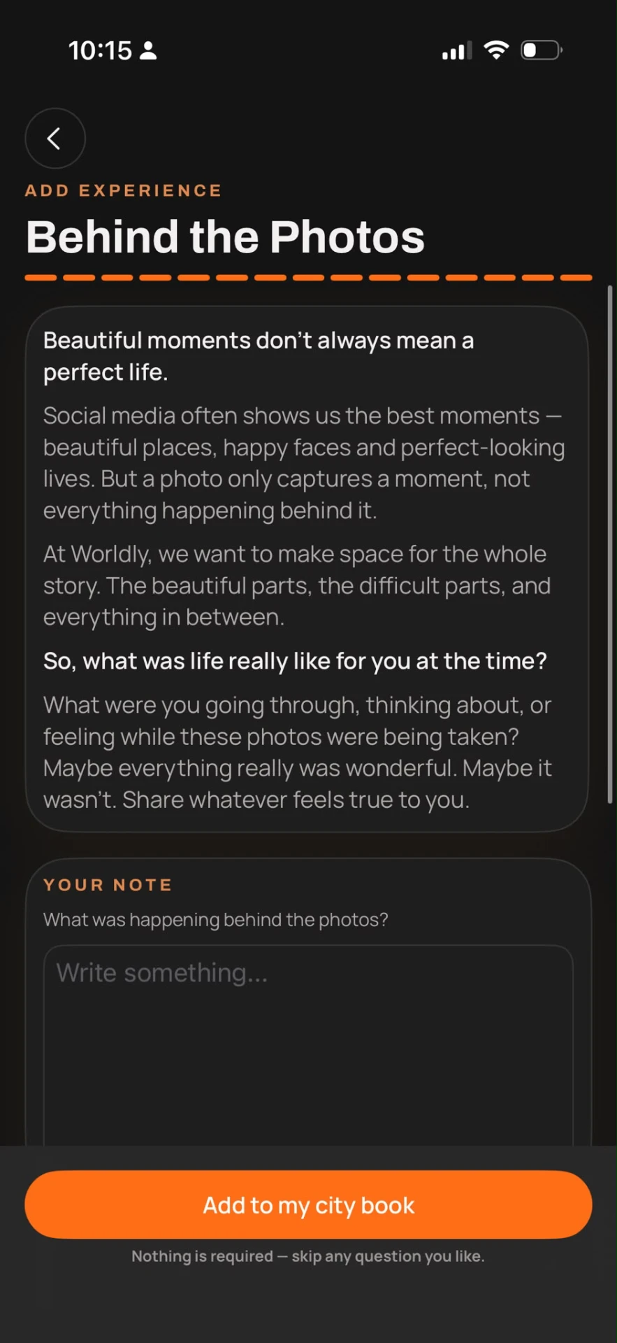 Wealin Behind the Photos screen: a thoughtful journaling prompt about what was really happening when a photo was taken